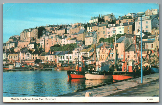 This is a Vintage Topographical Postcard showing Brixham Middle Harbour from the Pier Devon