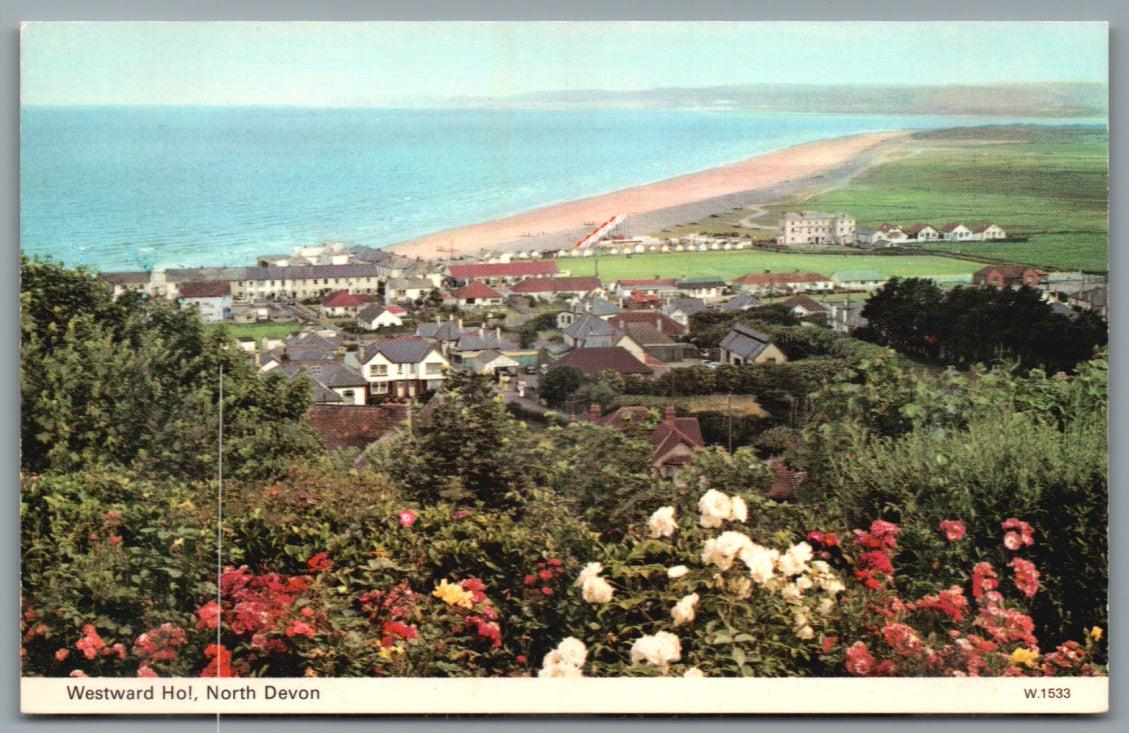 This is a Vintage Topographical Postcard showing Looking Down on Westward Ho North Devon